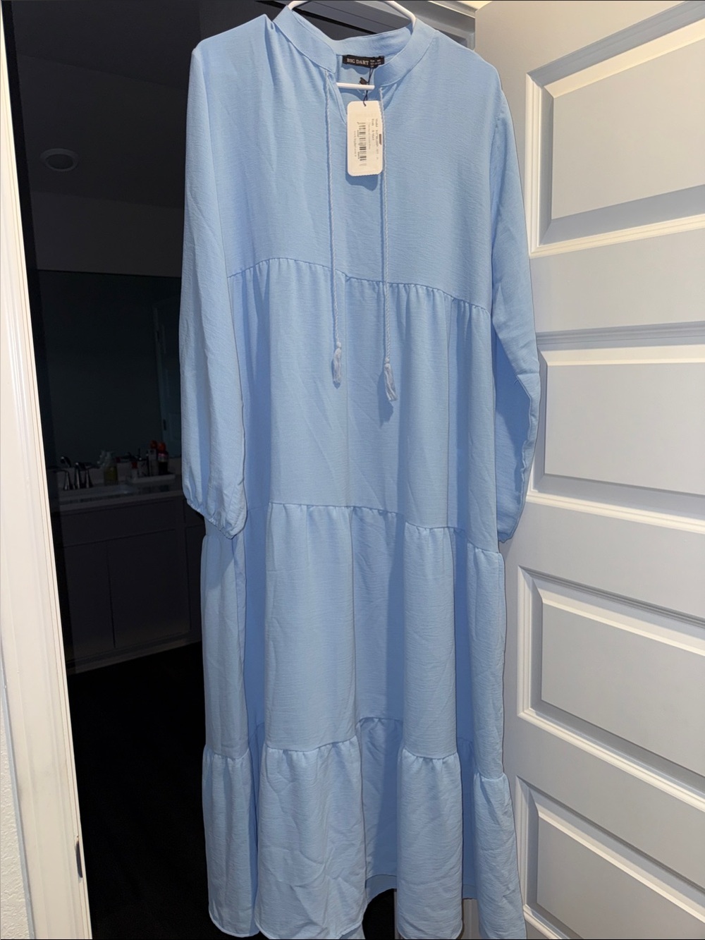 Soft Powder Blue Tiered Maxi Dress with Tie Neck